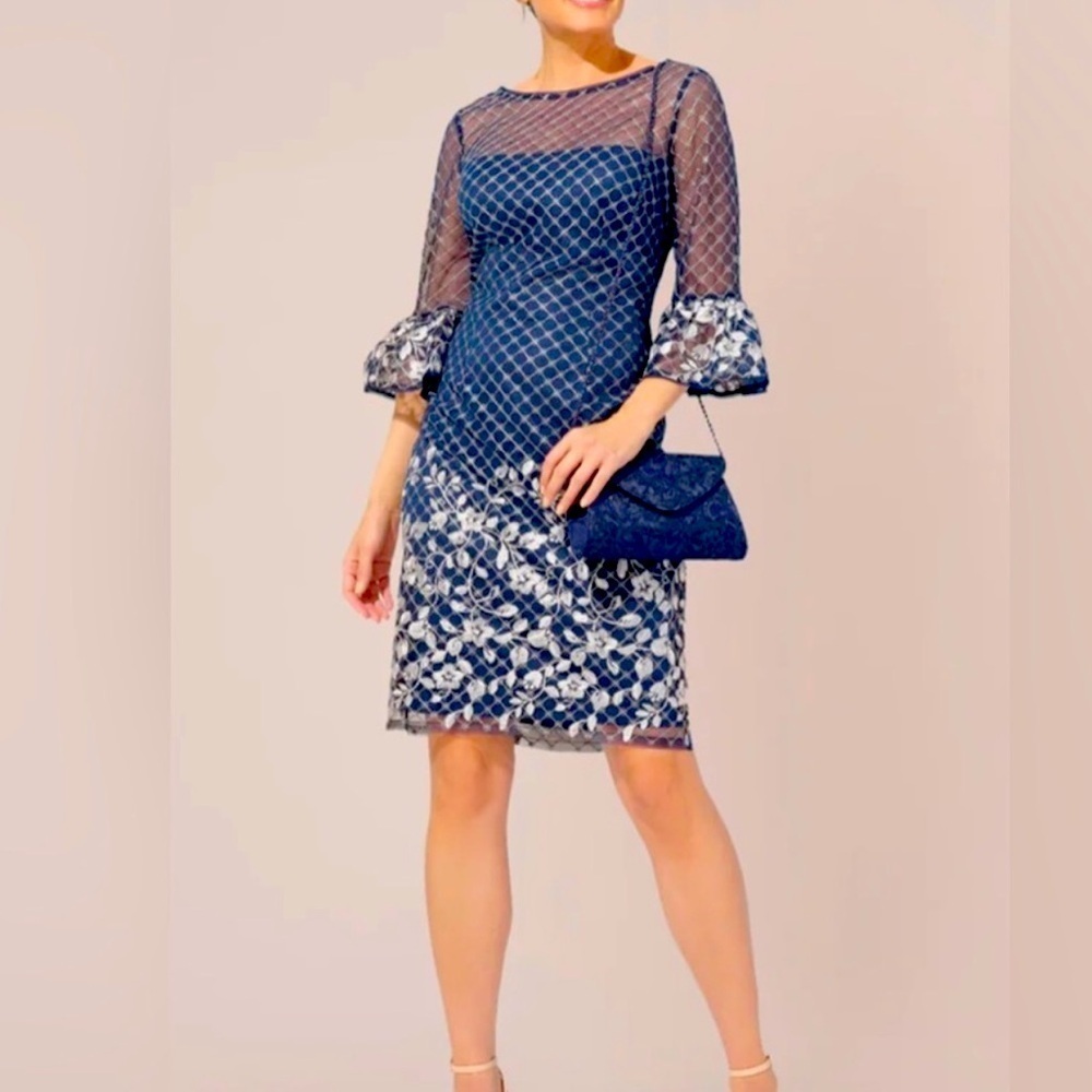 Adrianna Papell Boat-Neck Mesh-Overlay border embroidery sheath Dress - Picture 11 of 11